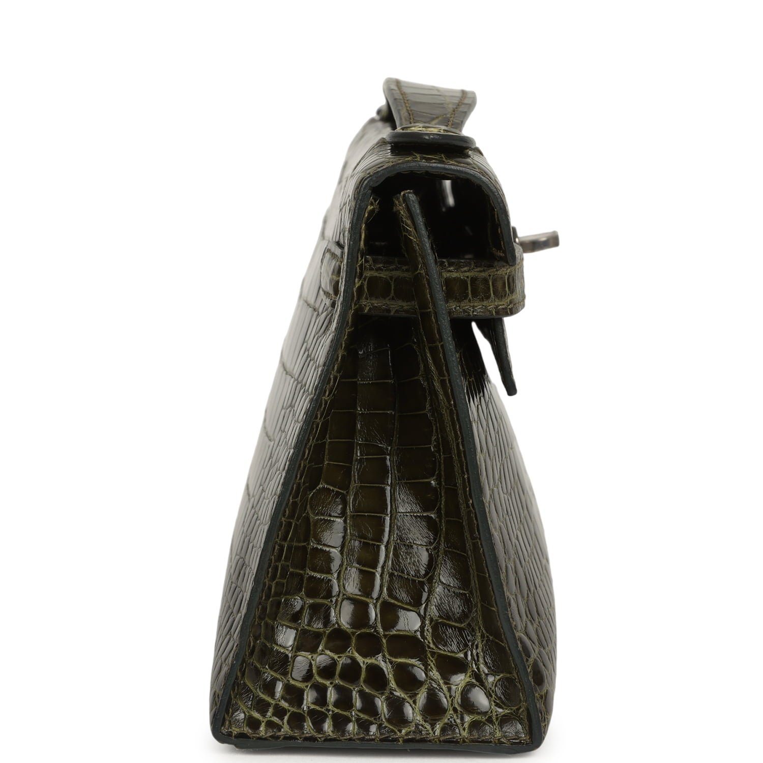Hermes Kelly Pochette Vert Olive Shiny Alligator Palladium Hardware - Image 3