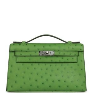 Hermes Kelly Pochette Vert Yucca Ostrich Palladium Hardware