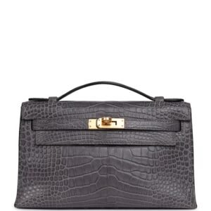 Hermes Kelly Pochette Gris Paris Matte Alligator Gold Hardware