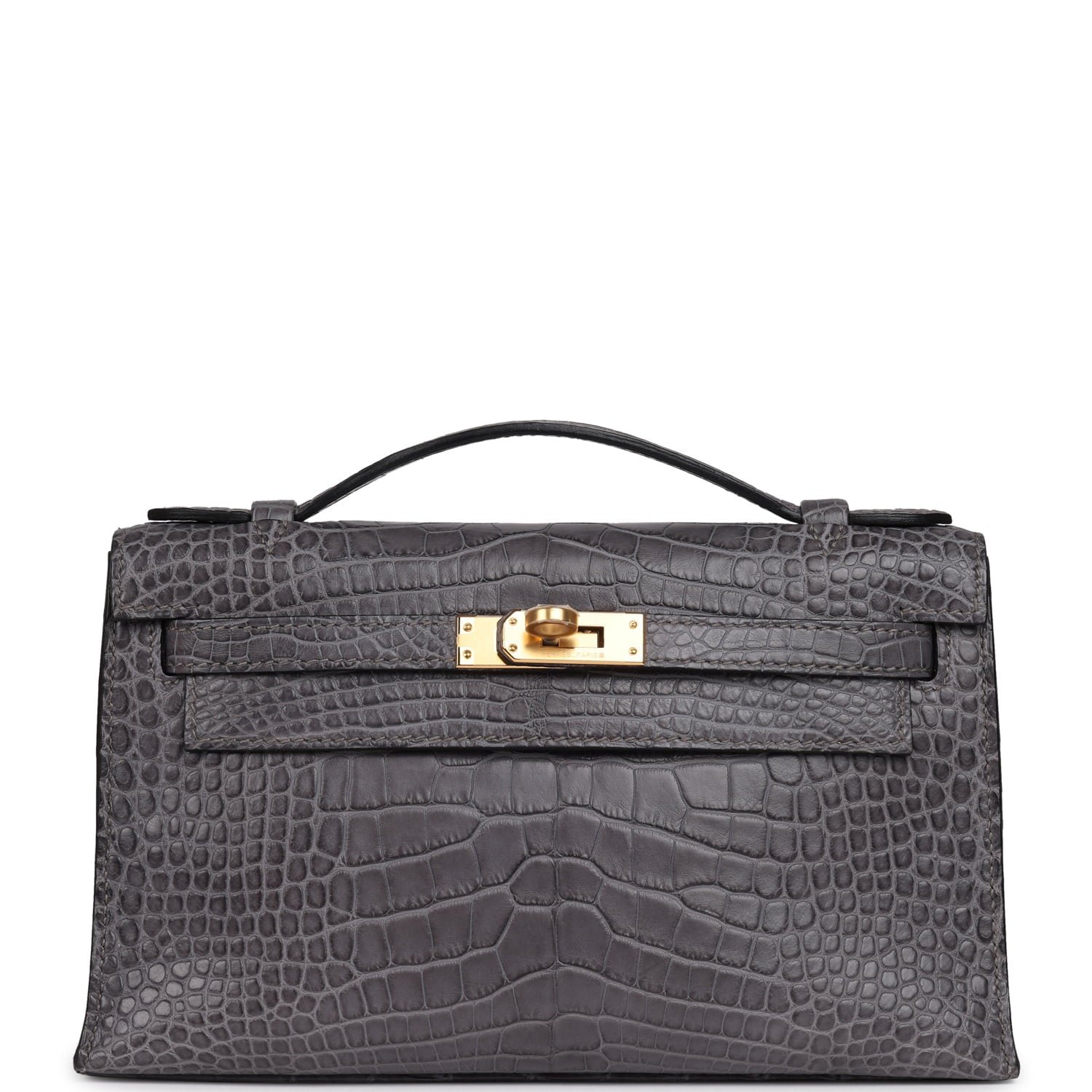 Hermes Kelly Pochette Gris Paris Matte Alligator Gold Hardware