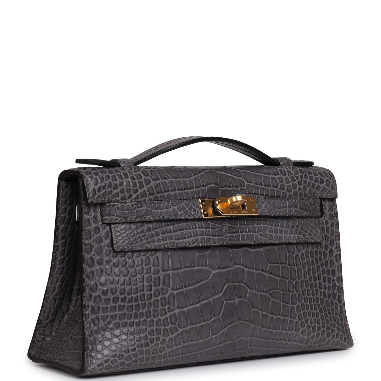 Hermes Kelly Pochette Gris Paris Matte Alligator Gold Hardware - Image 2