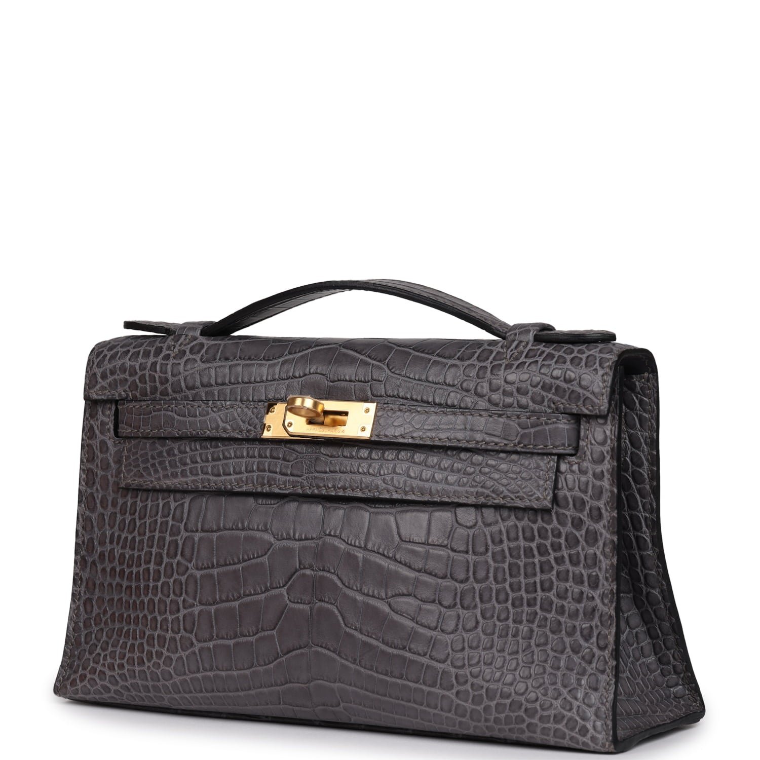 Hermes Kelly Pochette Gris Paris Matte Alligator Gold Hardware - Image 5