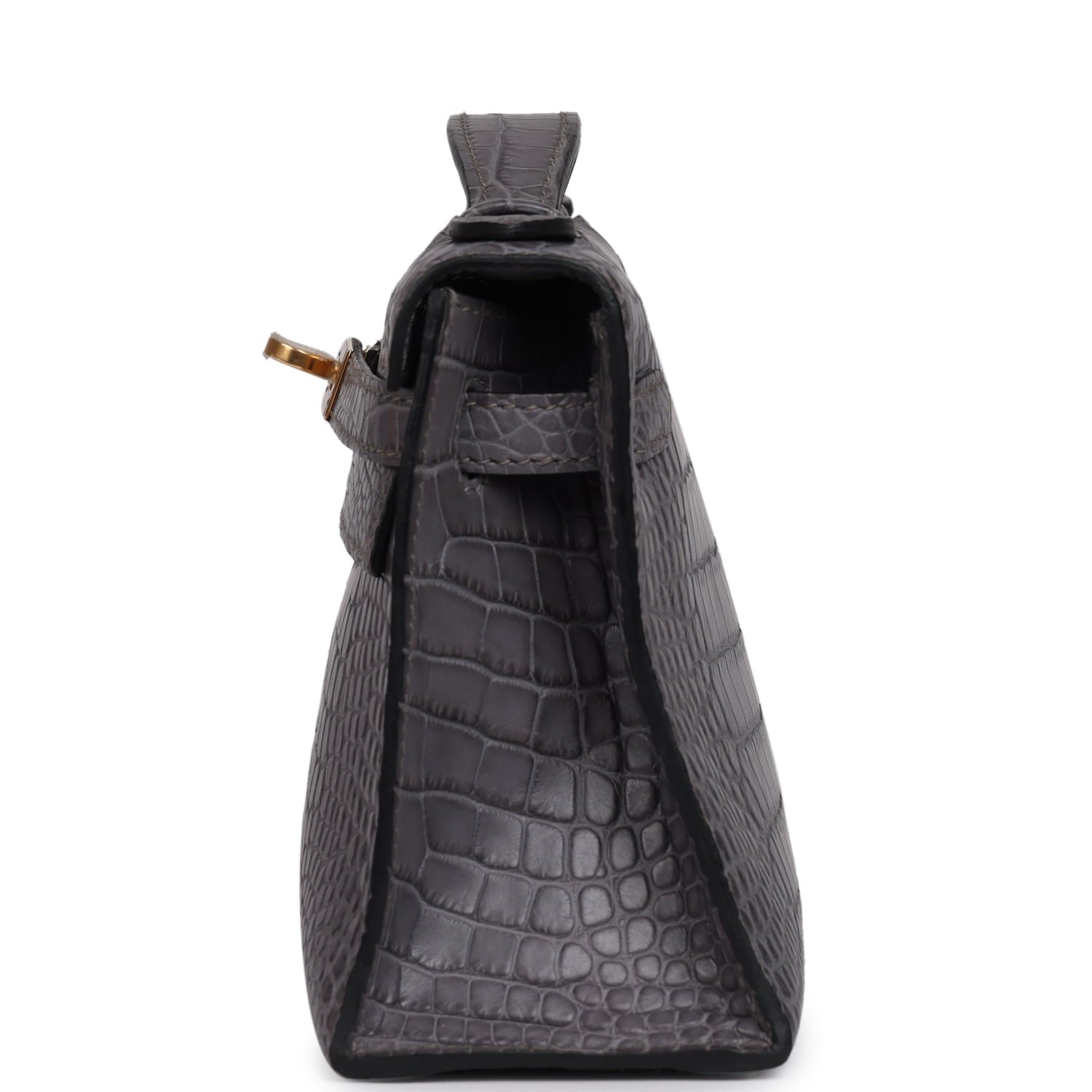 Hermes Kelly Pochette Gris Paris Matte Alligator Gold Hardware - Image 3