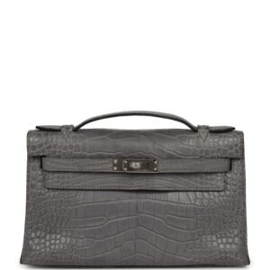 Hermes Kelly Pochette Gris Paris Matte Alligator Palladium Hardware