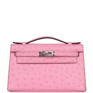 Hermes Kelly Pochette Bubblegum Ostrich Boreal Palladium Hardware