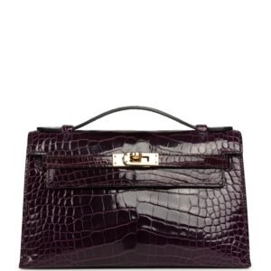 Hermes Kelly Pochette Aubergine Shiny Alligator Gold Hardware