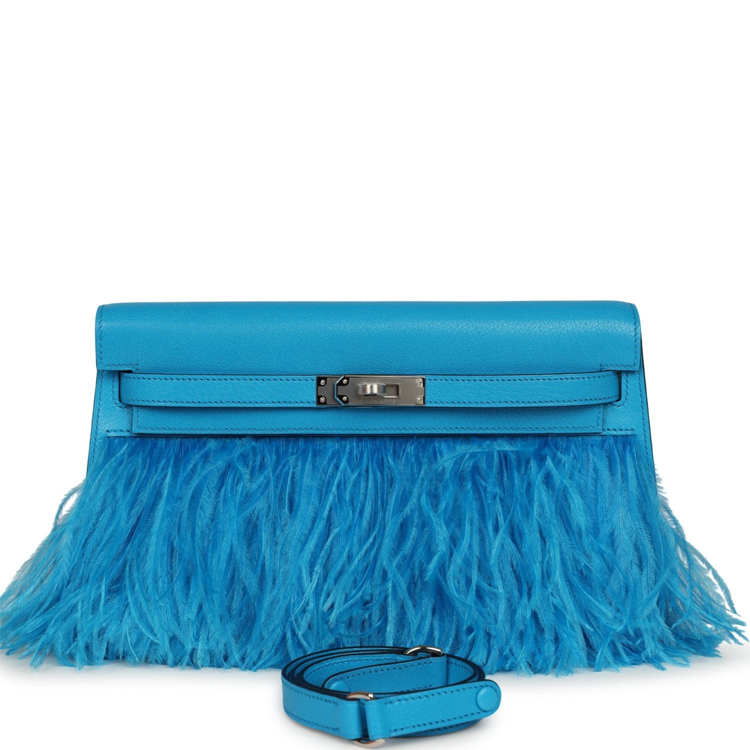 Hermes Kelly Elan Foile Bleu Frida Chevre Chamkila and Ostrich Feathers Palladium Hardware