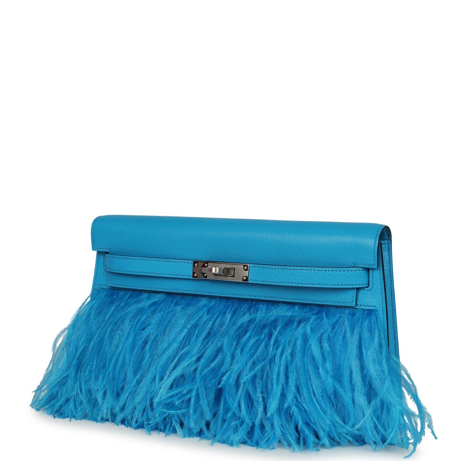 Hermes Kelly Elan Foile Bleu Frida Chevre Chamkila and Ostrich Feathers Palladium Hardware - Image 5