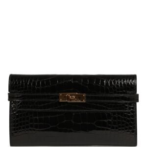 Hermes Kelly Long Wallet Black Shiny Alligator Gold Hardware