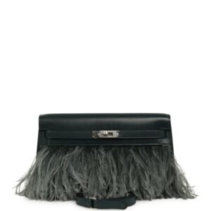 Hermes Kelly Elan Foile Vert Cypress Chevre Chamkila and Ostrich Feathers Palladium Hardware