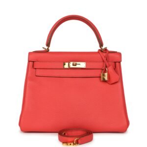 Hermes Kelly Retourne 28 Rose Jaipur Clemence Gold Hardware