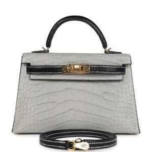 Hermes Special Order (HSS) Kelly Sellier 20 Gris Perle, Black Matte Alligator Gold Hardware