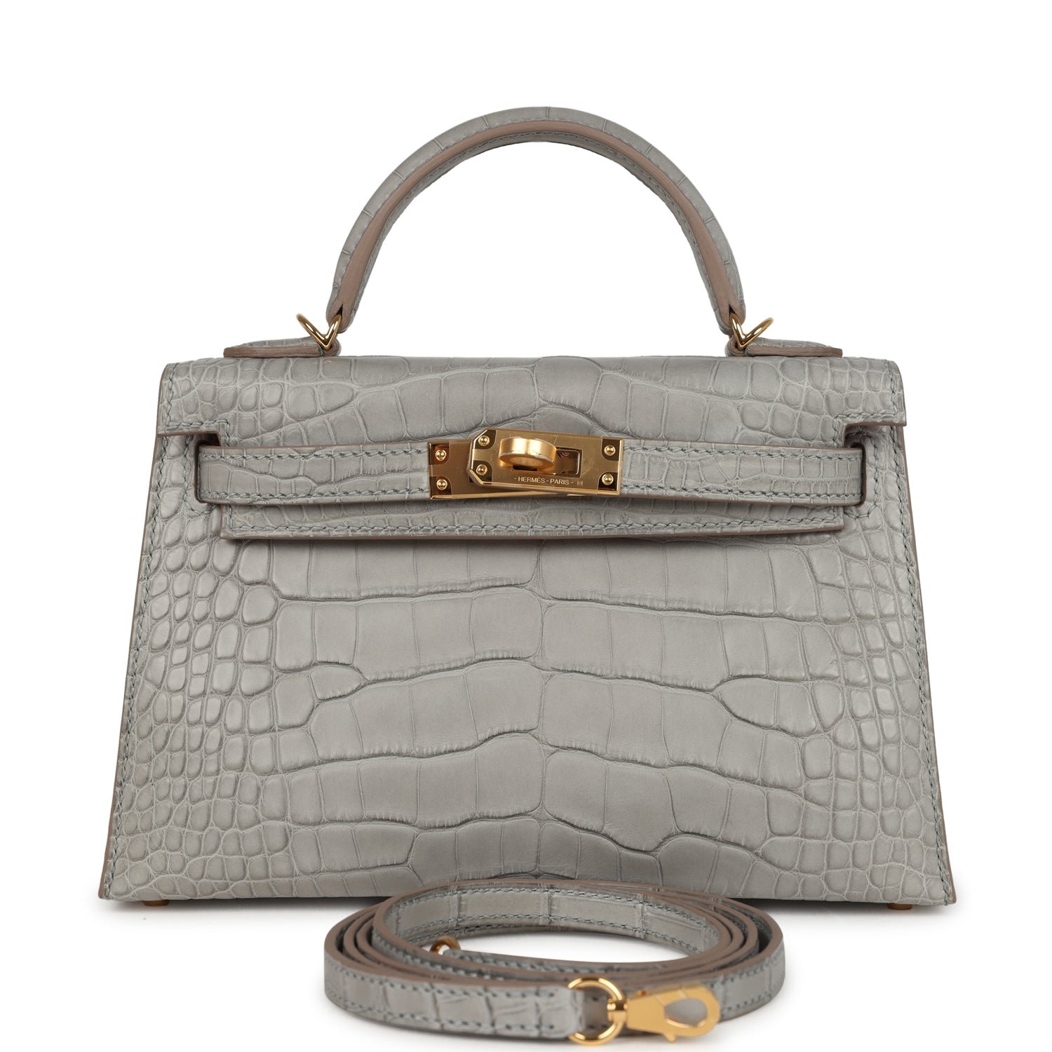 Hermes Special Order (HSS) Kelly Sellier 20 Gris Perle Verso Matte Alligator Gold Hardware