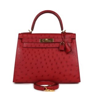 Hermes Kelly Sellier 28 Rouge Vif Ostrich Gold Hardware