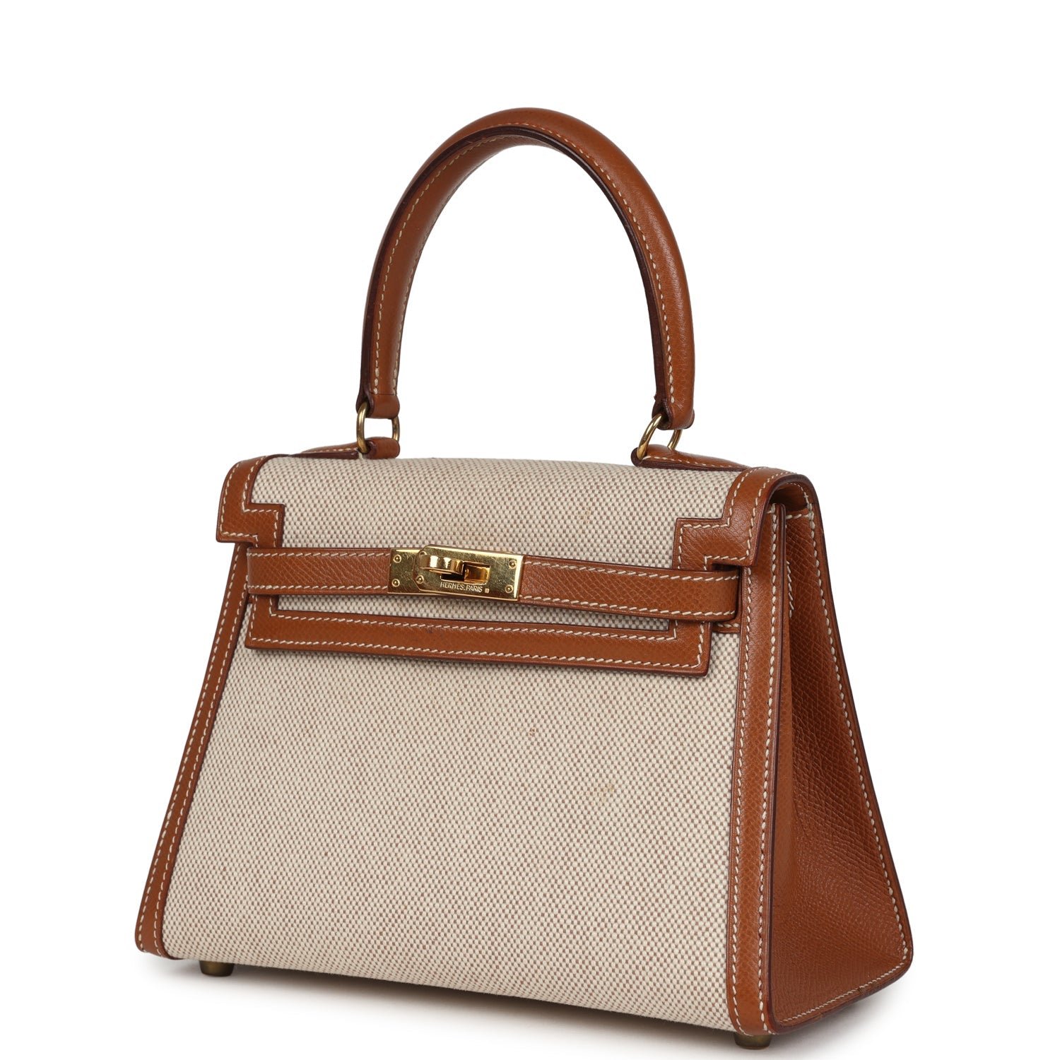 Vintage Hermes Kelly Sellier 20 Gold Courchevel and Ecru-Beige Toile H Canvas Gold Hardware - Image 5