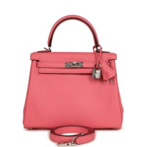 Hermes Kelly Retourne 25 Rose Azalee Swift Palladium Hardware