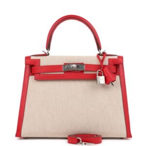 Hermes Kelly Sellier 28 Rouge De Coeur Swift and Beige-Ecru Toile H Canvas Palladium Hardware