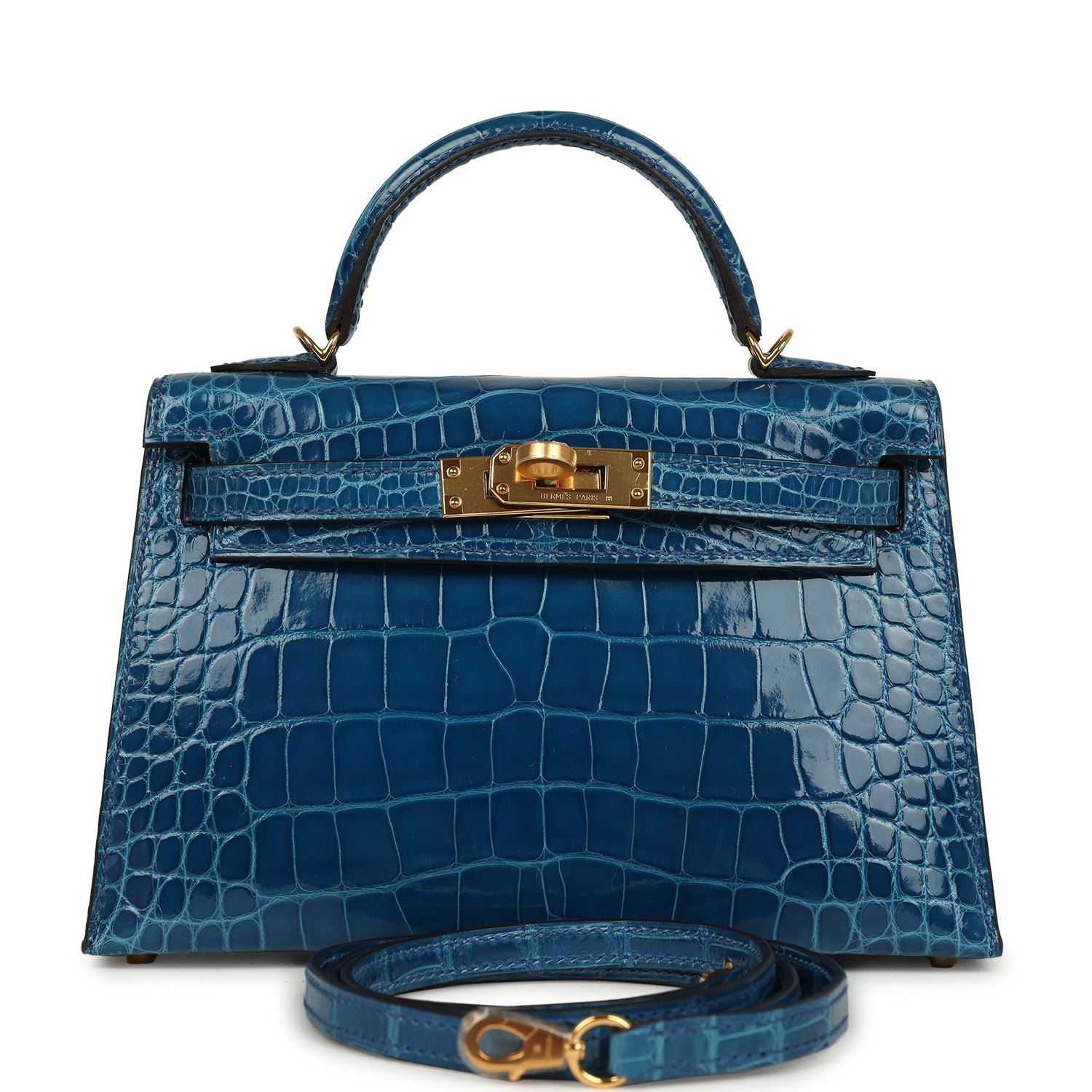 Hermes Kelly Sellier 20 Bleu Mykonos Shiny Alligator Gold Hardware
