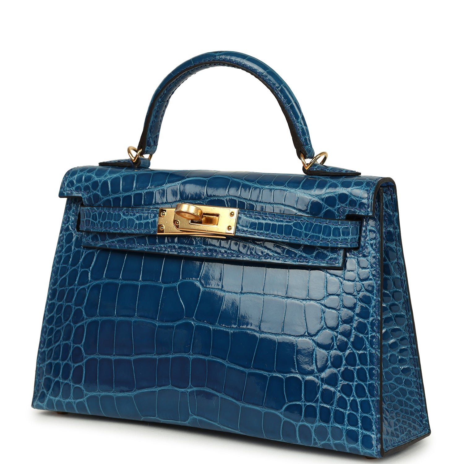 Hermes Kelly Sellier 20 Bleu Mykonos Shiny Alligator Gold Hardware - Image 5