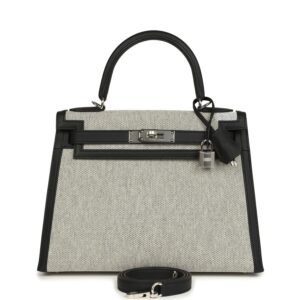 Hermes Kelly Sellier 28 Black Swift and Ecru-Black Toile H Canvas Palladium Hardware
