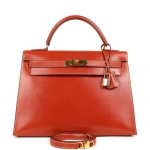 Vintage Hermes Kelly Sellier 32 Brique Box Gold Hardware