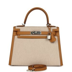 Hermes Kelly Sellier 28 Sesame, Beige & Ecru Toile H Canvas Swift Palladium Hardware