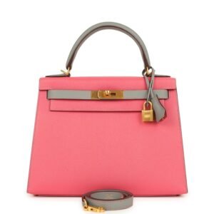 Hermes Special Order (HSS) Kelly Sellier 28 Rose Azalee, Gris Mouette Epsom Brushed Gold Hardware