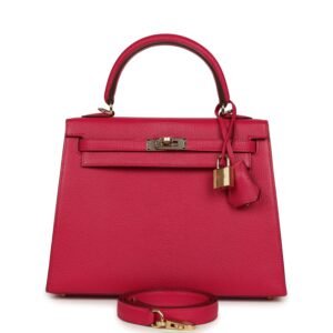 Hermes Special Order (HSS) Kelly Sellier 25 Rose Mexico Verso Chevre Mysore Permabrass Hardware
