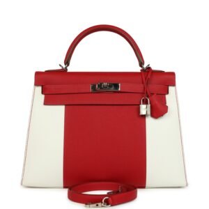 Hermes Flag Kelly Sellier 32 Rouge Casaque, White Epsom Palladium Hardware