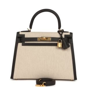 Hermes Kelly Sellier 28 Bai Brun Swift and Ecru-Beige Toile H Canvas Gold Hardware