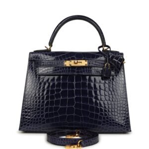 Hermes Kelly Sellier 28 Bleu Encre Shiny Alligator Gold Hardware