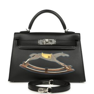 Hermes Kelly Sellier 20 "Cheval De Bois" Black and Multi Tadelakt Palladium Hardware