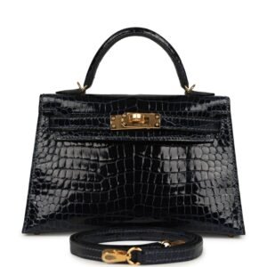Hermes Kelly Sellier 20 Bleu Marine Shiny Porosus Crocodile Gold Hardware
