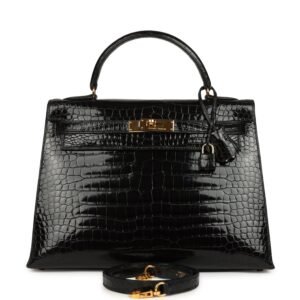 Vintage Hermes Kelly Sellier 32 Black Shiny Porosus Crocodile Gold Hardware
