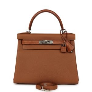 Hermes Kelly Retourne 28 Gold Togo and Matte Porosus Crocodile Touch Palladium Hardware