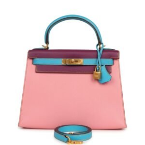 Hermes Special Order (HSS) Kelly Sellier 28 Rose Confetti, Anemone and Bleu Aztec Chevre Mysore Brushed Gold Hardware