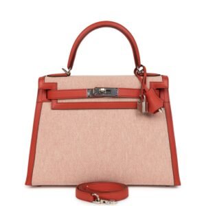 Hermes Kelly Sellier 28 Sanguine Swift and Ecru-Sanguine Toile H Canvas Palladium Hardware