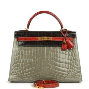 Hermes Special Order (HSS) Kelly Sellier 32 Graphite, Gris Tourterelle and Geranium Shiny Niloticus Crocodile Brushed Gold Hardware