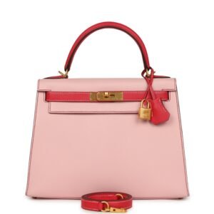 Hermes Special Order (HSS) Kelly Sellier 28 Rose Sakura, Rose Extreme Chevre Brushed Gold Hardware