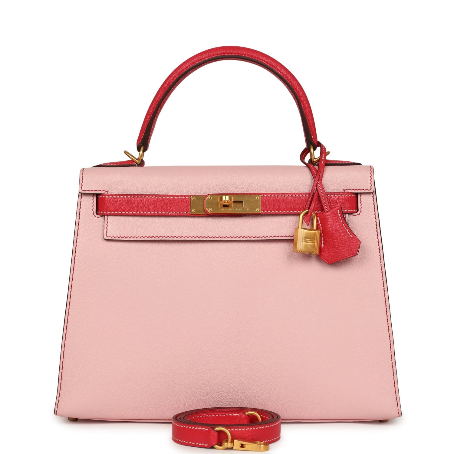 Hermes Special Order (HSS) Kelly Sellier 28 Rose Sakura, Rose Extreme Chevre Brushed Gold Hardware