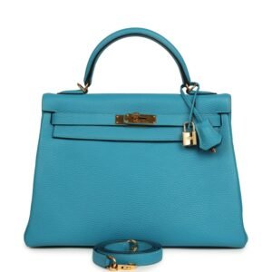 Hermes Kelly Retourne 32 Turquoise Clemence Gold Hardware