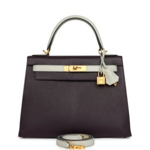 Hermes Special Order (HSS) Kelly Sellier 28 Raisin, Gris Perle Chevre Brushed Gold Hardware
