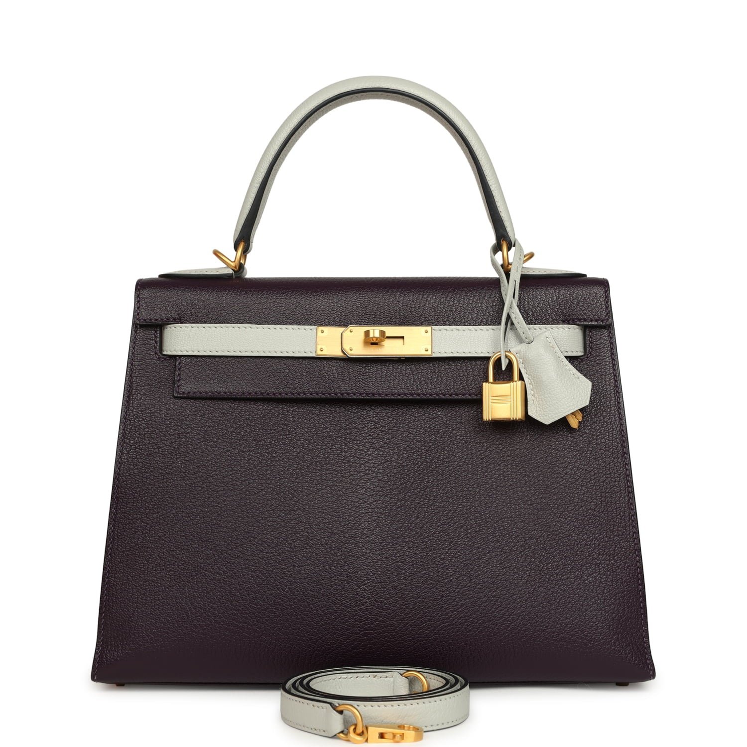 Hermes Special Order (HSS) Kelly Sellier 28 Raisin, Gris Perle Chevre Brushed Gold Hardware