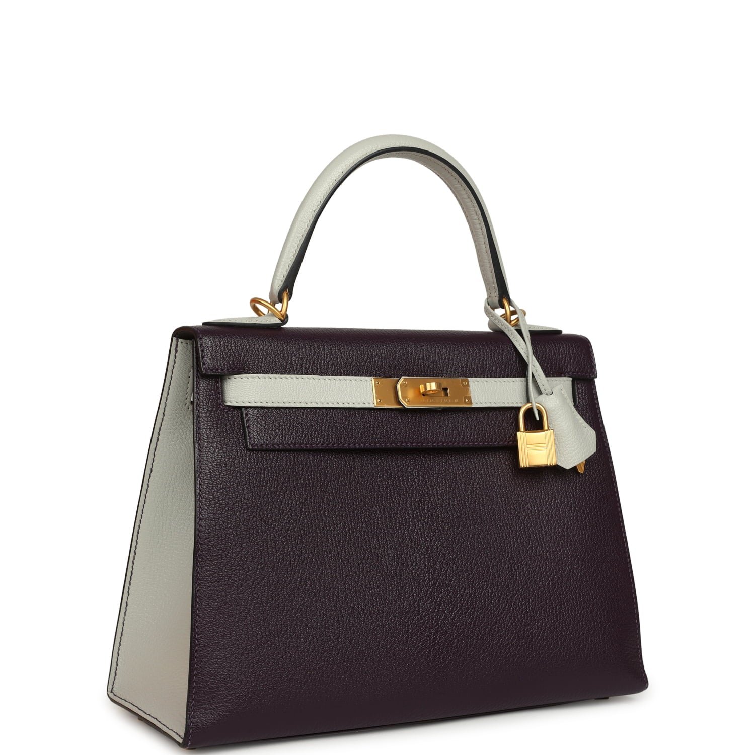 Hermes Special Order (HSS) Kelly Sellier 28 Raisin, Gris Perle Chevre Brushed Gold Hardware - Image 2