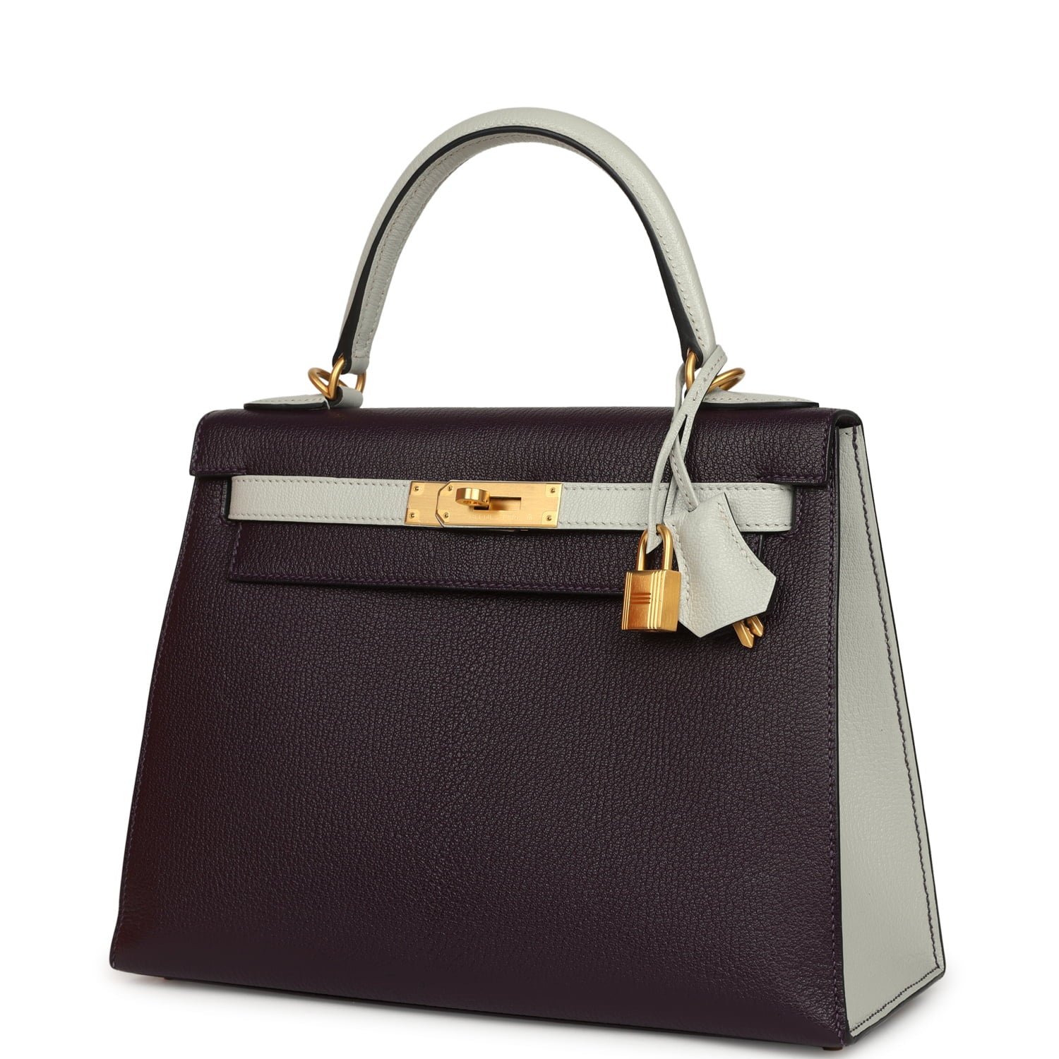 Hermes Special Order (HSS) Kelly Sellier 28 Raisin, Gris Perle Chevre Brushed Gold Hardware - Image 5