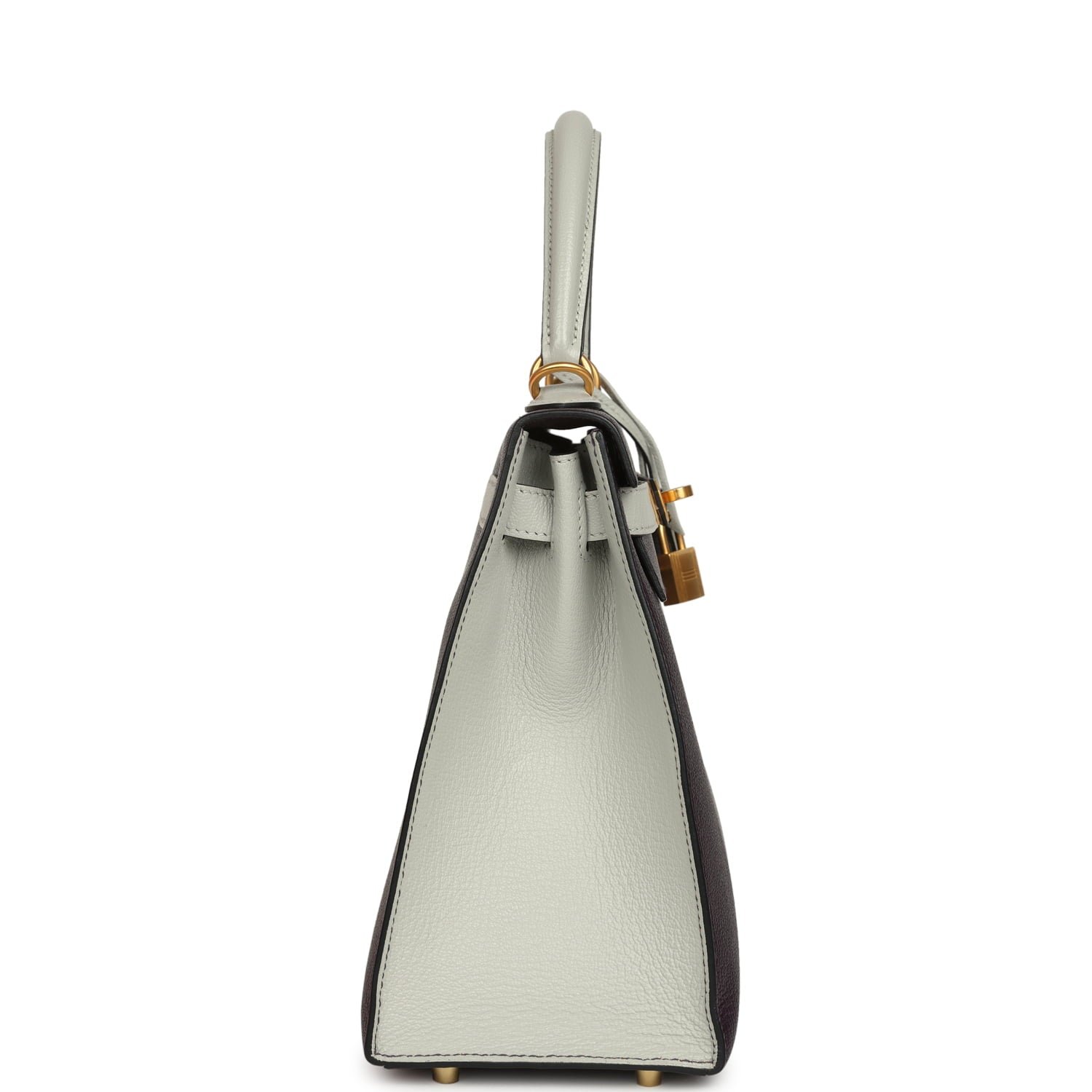 Hermes Special Order (HSS) Kelly Sellier 28 Raisin, Gris Perle Chevre Brushed Gold Hardware - Image 3