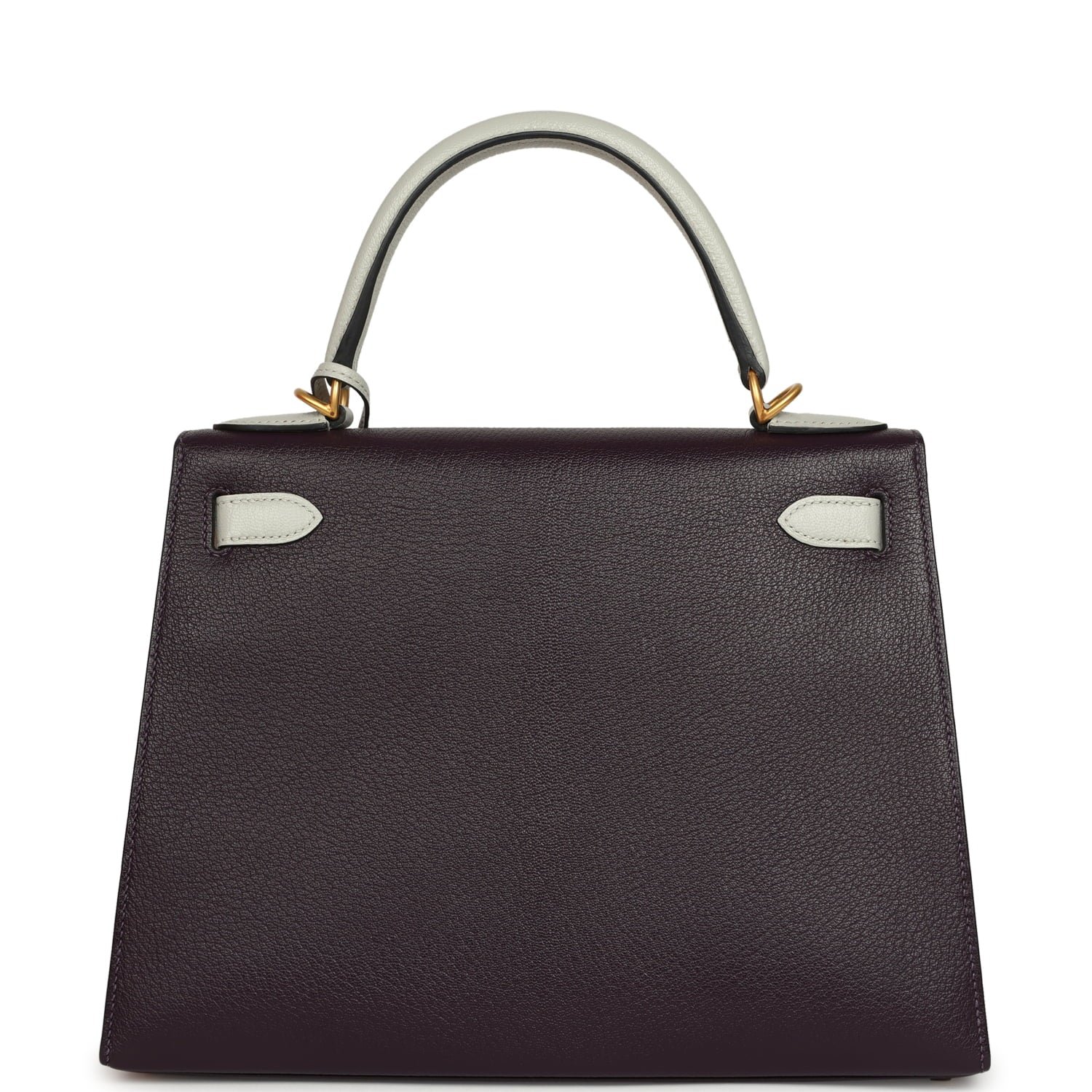 Hermes Special Order (HSS) Kelly Sellier 28 Raisin, Gris Perle Chevre Brushed Gold Hardware - Image 4