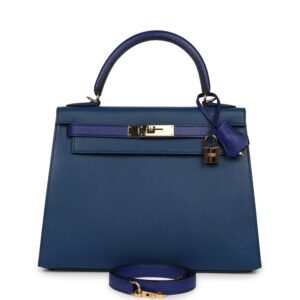 Hermes Special Order (HSS) Kelly Sellier 28 Bleu Electric, Bleu Saphir Chevre Mysore Permabrass Hardware