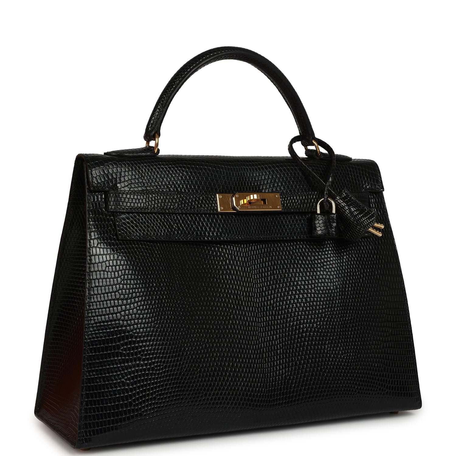 Vintage Hermes Kelly Sellier 32 Black Shiny Varanus Niloticus Lizard Gold Hardware - Image 2