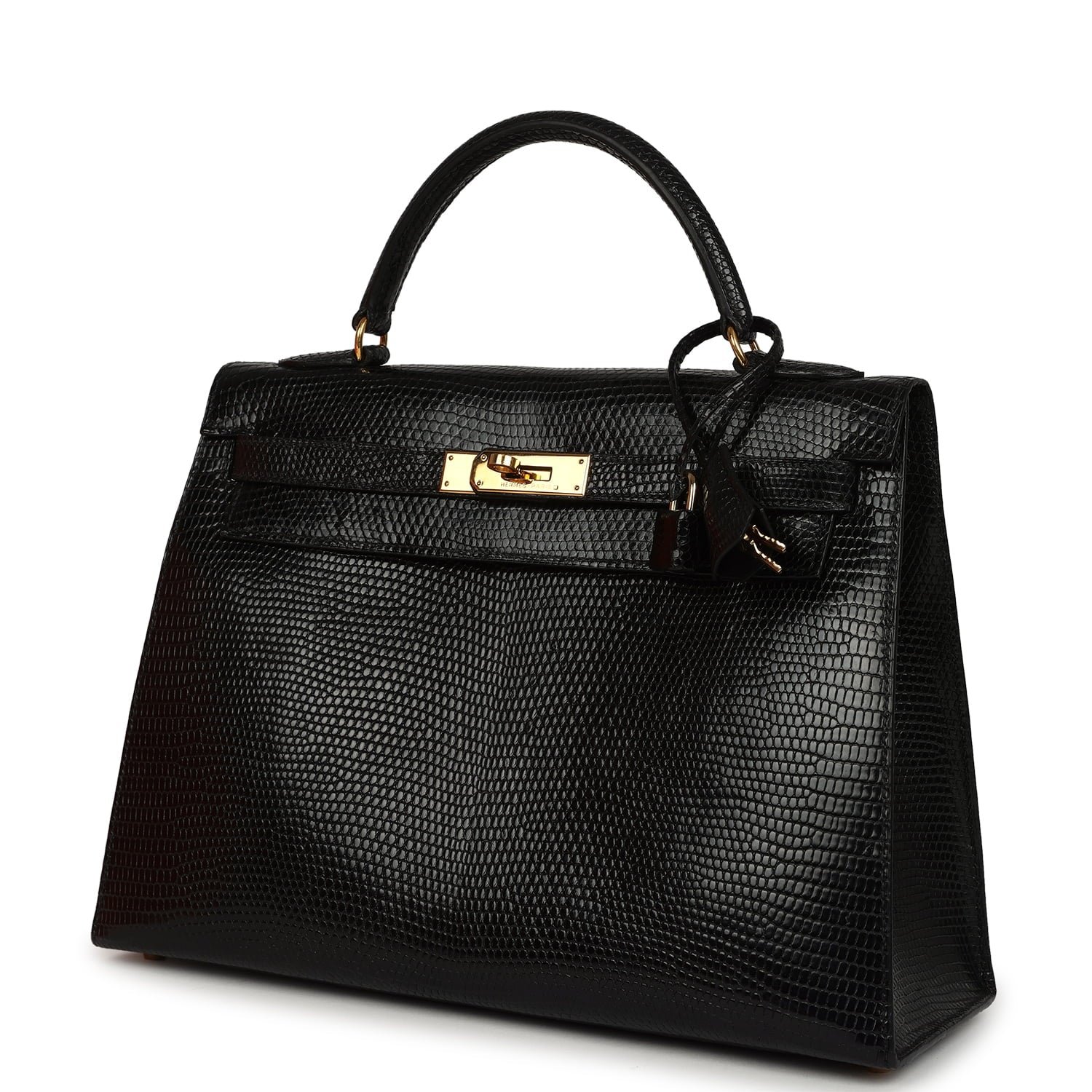 Vintage Hermes Kelly Sellier 32 Black Shiny Varanus Niloticus Lizard Gold Hardware - Image 5